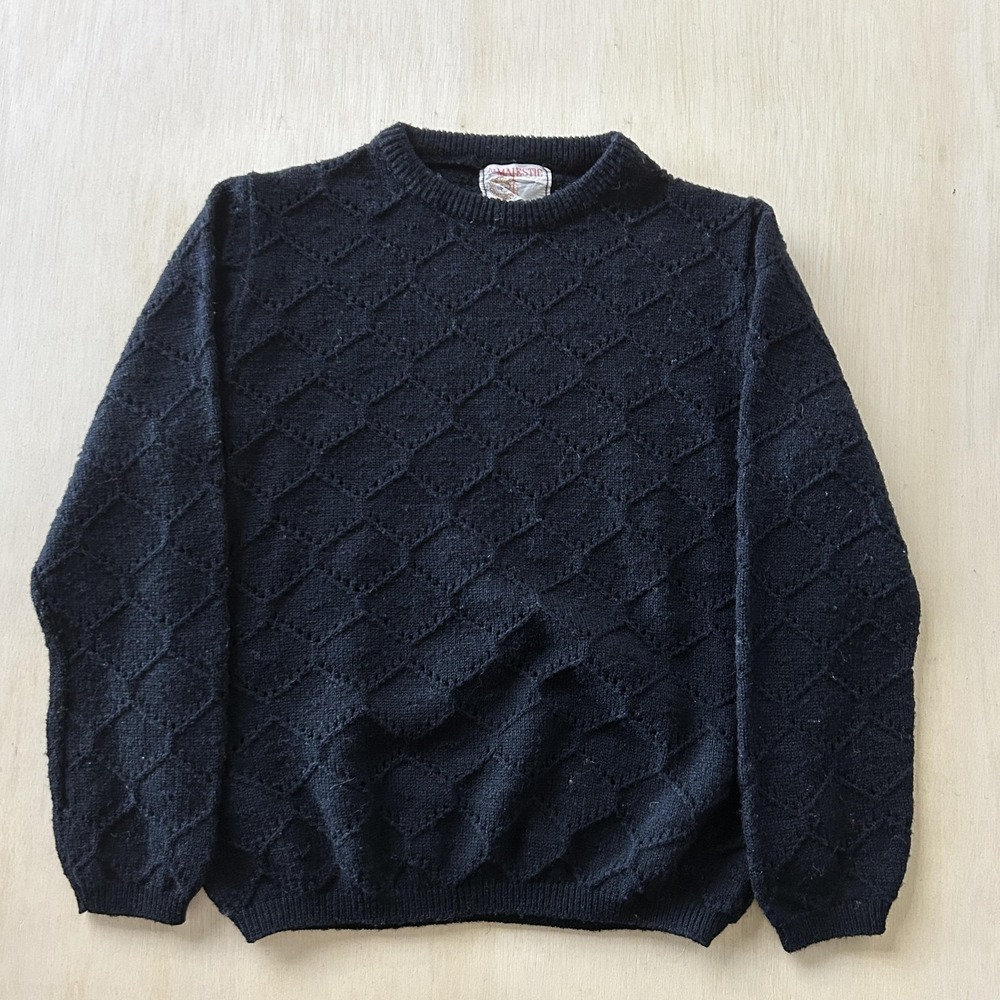 Vintage Its Majestic Sweater Women Medium Black Diamond Knit Crewneck Union Made